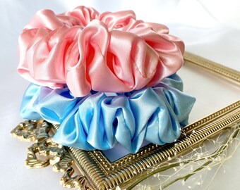 Bubble Gum Set Elegant Silky Satin Scrunchies | Luxurious Scrunchies l Sky Blue Pink Scrunchie Set