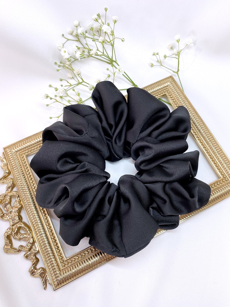 Pure Black Oversized XL Soft Silky Satin Scrunchie l Large Jumbo XL Extra Large Big Scrunchies Black image 1