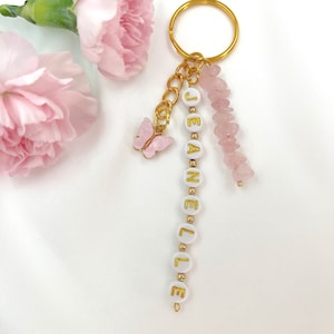 Personalized Beaded with Butterfly and Rose Quartz Keychain | Custom Keychain | Personalized Keychain