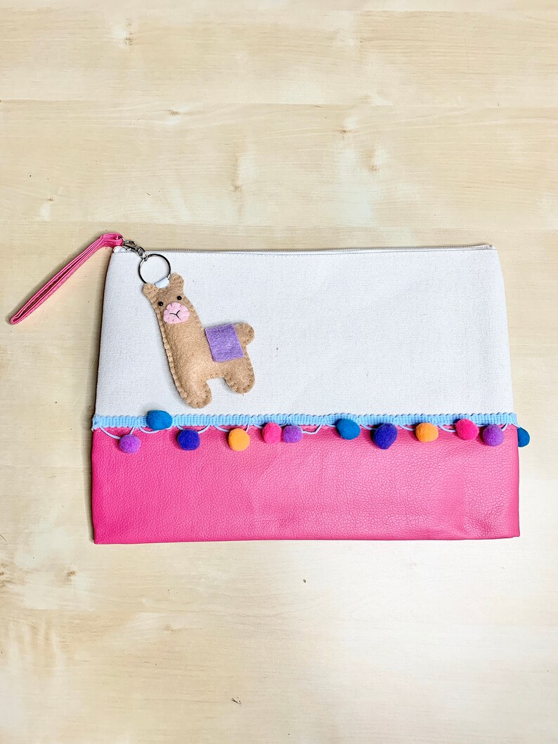 Pom Pom Canvas Clutch Purse with Felt Llama Keychain