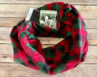 Hidden Zipper Pocket Infinity Fleece Holiday Scarf, Christmas Buffalo Check Plaid Flannel Infinity Scarf, Warm Buffalo Plaid Infinity Scarf