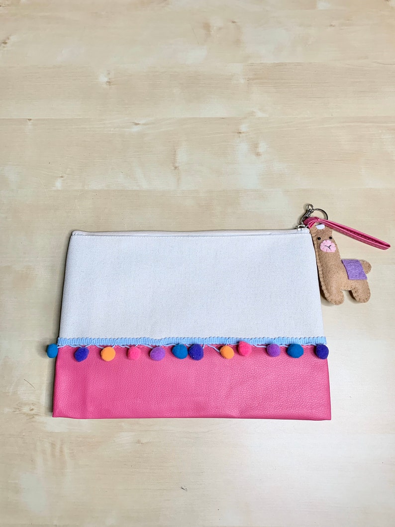 Pom Pom Canvas Clutch Purse with Felt Llama Keychain