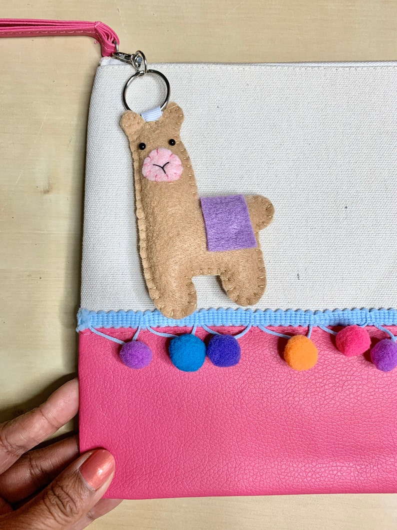 Pom Pom Canvas Clutch Purse with Felt Llama Keychain
