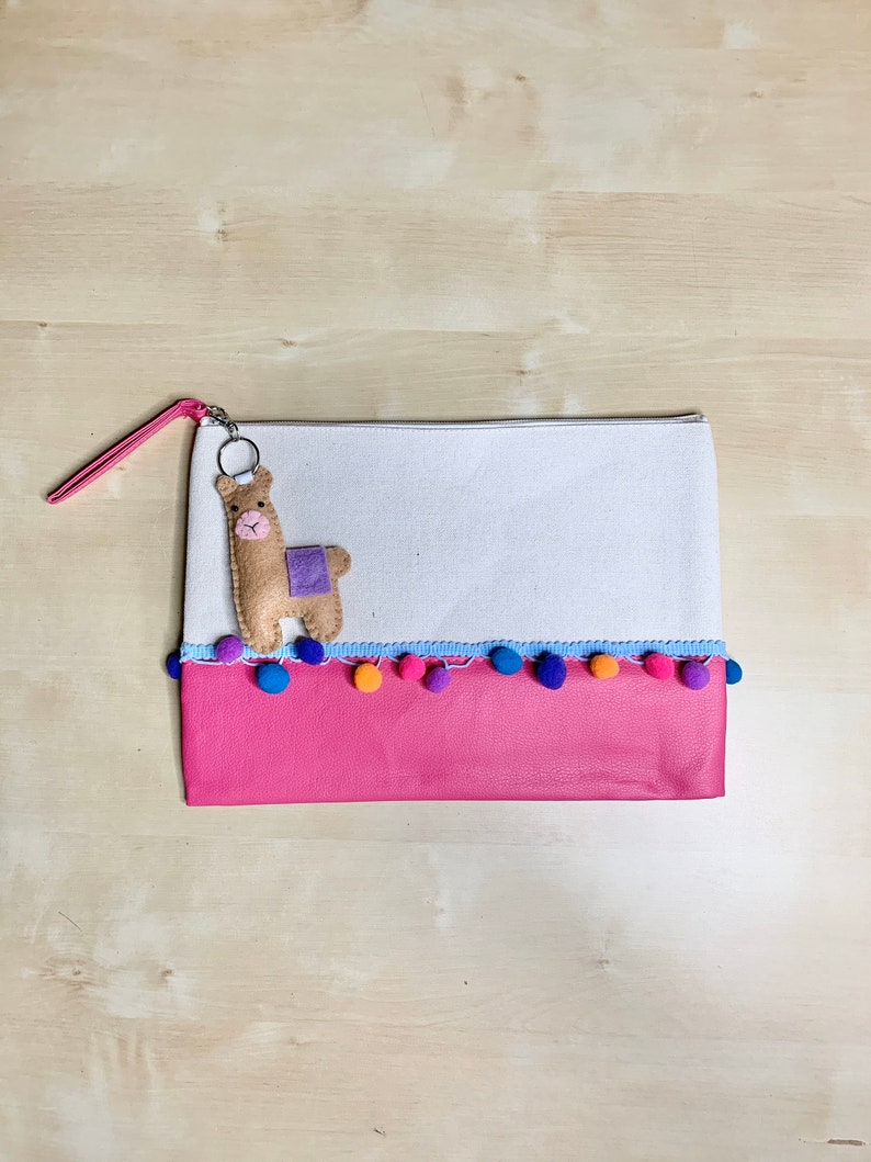 Pom Pom Canvas Clutch Purse with Felt Llama Keychain