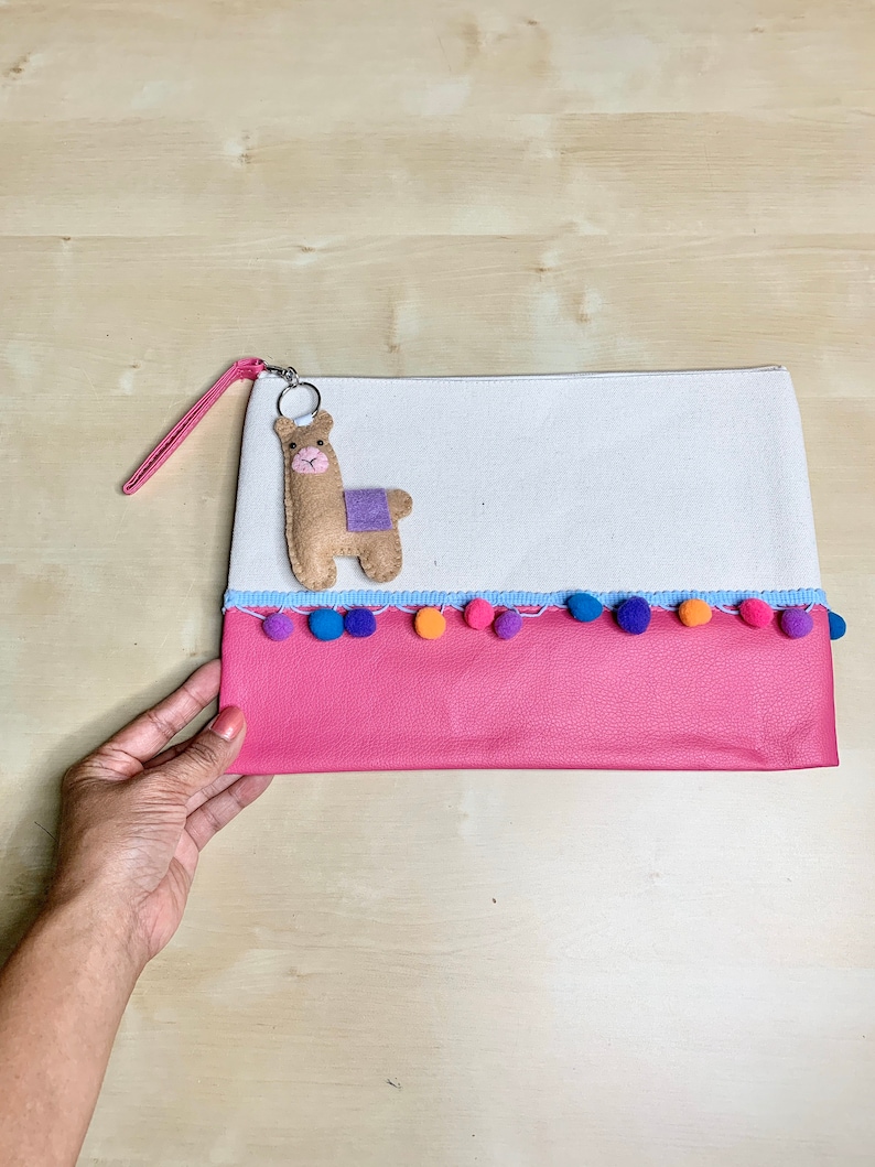Pom Pom Canvas Clutch Purse with Felt Llama Keychain