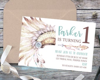 Tribal Watercolor Boho Headdress DIY Printable Invitation - Editable, Instant Download - Boys Party First Birthday Wild One Teepee Arrow