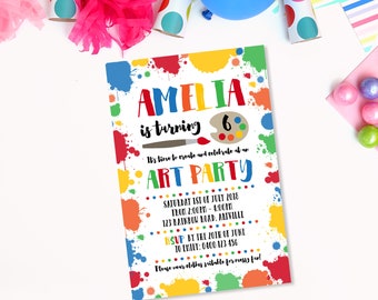 Art Party DIY Printable Invitation - Editable, Instant Download - Craft Painting Arty Paint Splats | Edit & Print Instantly | Rainbow