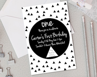 Monochrome Black and White DIY Printable Invitation - Editable, Instant Download - Boys Party First Birthday One Triangles Modern Mono Theme