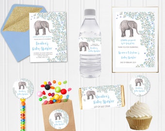 Blue Elephant DIY Party Package | Printable DIY Stationery Set - Editable, Instant Download Kit | Baby Shower | Watercolour Design