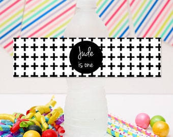 Monochrome Label Water Bottle Wrapper | DIY Party Template | Editable Instant Download | Personalize | Black and White Boys Theme