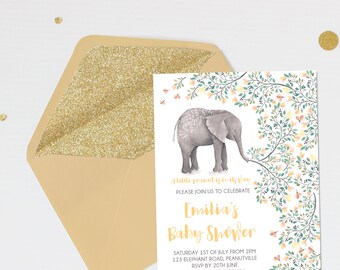 Yellow Elephant Baby Shower Invitation, Editable and Printable by you with Corjl, Instant Download DIY Edit Now, Digital Electronic Invite