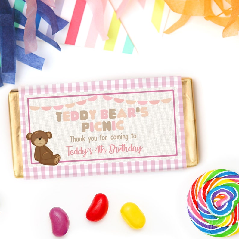 Teddy Bear Pastel Chocolate Bar Candy Wrapper Bear Gift Favor Aldi Chocceur or Hershey DIY Party Template Instant Download Editable