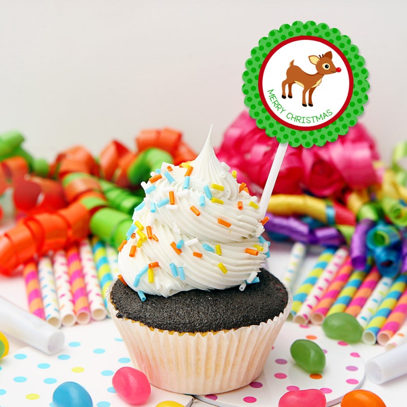 Christmas DIY Circle Tag Party Sticker Cupcake Toppers Editable Reindeer Instant Download Printable Party Template