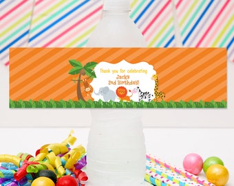 Orange Jungle Drink Label Water Bottle Wrapper | DIY Party Template | Editable, Instant Download | Personalize It | Monkey Lion Giraffe