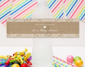 Burlap & Lace Drink Label Water Bottle Wrapper | DIY Party Template | Editable, Instant Download | Personalize It | Kraft Rustic Vintage