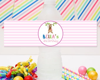 Pink Monkey Drink Label Water Bottle Wrapper | DIY Party Template | Editable, Instant Download | Personalize It | Pink Stripes