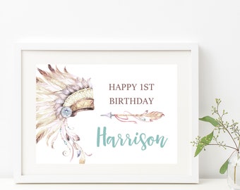 Tribal Watercolour Party Sign | DIY Party Template | Editable, Instant Download | Personalize It | Indian Headdress | Create Signage Posters