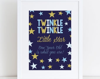 Twinkle Little Star Party Sign | DIY Party Template | Editable, Instant Download | Personalize It | Boy Blue Navy Gold | Signage Posters