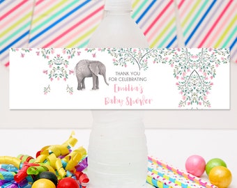 Pink Elephant Drink Label Water Bottle Wrapper | DIY Party Template | Editable Instant Download | Personalize | Baby Shower