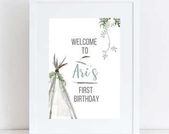 Boho Teepee Party Sign | DIY Party Template | Editable, Instant Download | Personalize It | Wild One Tribal Boys | Create Signage Posters