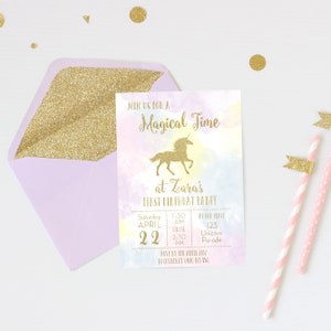 Whimsical Unicorn Gold Glitter DIY Printable Invitation | Editable, Instant Download Template | Magical | Girls Party Pastel Gold Glitter