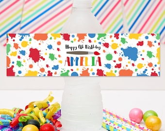 Art Party Watercolor Drink Label Water Bottle Wrapper | DIY Party Template | Editable, Instant Download | Personalize It | Rainbow Paints