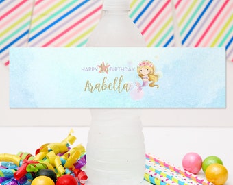 Mermaid Drink Label Water Bottle Wrapper, DIY Party Template, Editable, Instant Download, Under the Sea, Birthday Favor, The Little Mermaid