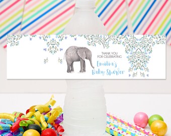 Blue Elephant Drink Label Water Bottle Wrapper | DIY Party Template | Editable Instant Download | Personalize | Baby Shower