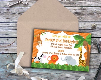 Orange Jungle Safari DIY Printable Invitation | Editable, Instant Download | Monkey Lion Giraffe Zebra | First Birthday 1st Party | Stripes