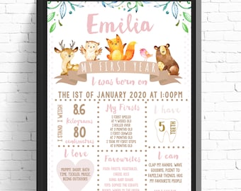 Woodland Pink and Brown Birthday DIY Milestone Birthday Board, Editable, Instant Download, First Birthday Party Sign Poster,  Girl Themed