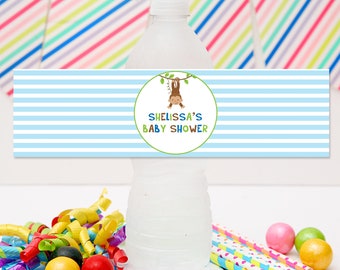 Monkey Drink Label Water Bottle Wrapper | DIY Party Template | Editable, Instant Download | Personalize It | Blue Stripes