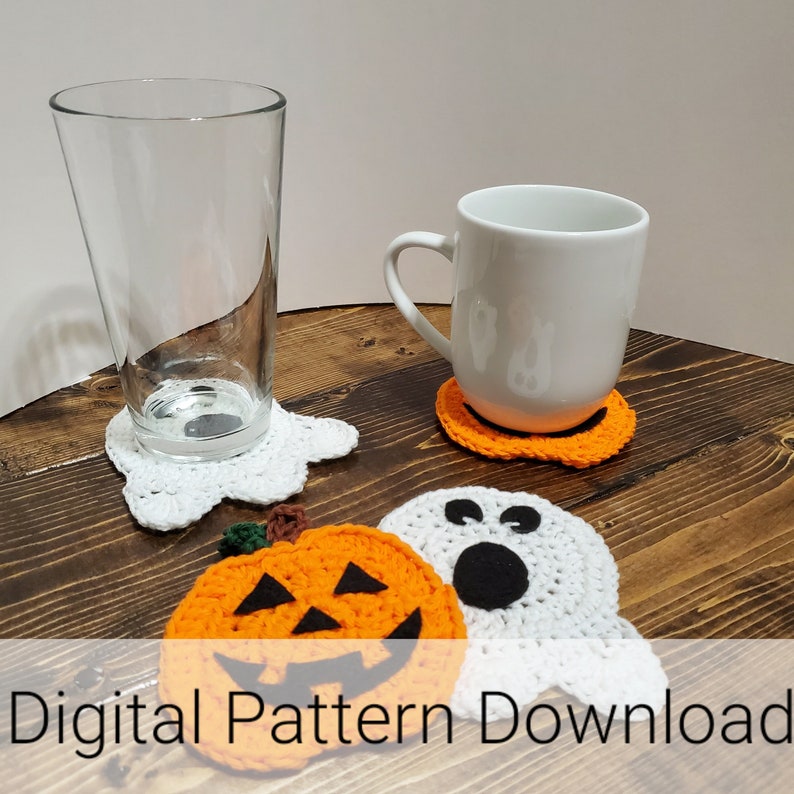 Ghost and Pumpkin Coaster Set crochet pattern listing photo by LoCoKnots