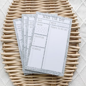 May include: A set of four gray daily planner cards with a floral design. Each card has sections for date, water intake, mood, gratitude, and schedule. The cards are stacked on top of each other and have the text "Seize the Day" on the top card.