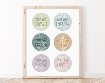 Je bent positieve bevestiging afdrukken | Geestelijke gezondheidposter | Positieve affirmaties kunst aan de muur | Bevestigingsposter | Inrichting van het klaslokaal