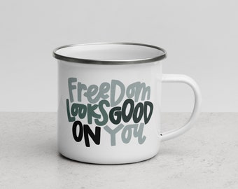 Freedom Looks Good on You Blues/Greens Enamel Mug | Christian Mug | Maverick City Music