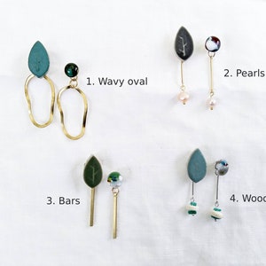 Leaf/Glass Cabochon + Charms Asymmetric Dangling Earrings/ Wavy Oval/ Pearls/ Bars/ Wood + Lapis Lazuli