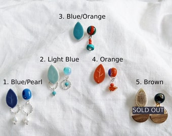 Leaf Tile and Glass Cabochon Asymmetric Dangling Earring | Boden Inspired | Vivid Colors | Blue/Sky Blue/Orange/Brown/Gold