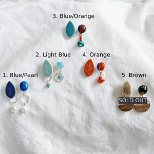 Leaf Tile and Glass Cabochon Asymmetric Dangling Earring | Boden Inspired | Vivid Colors | Blue/Sky Blue/Orange/Brown/Gold