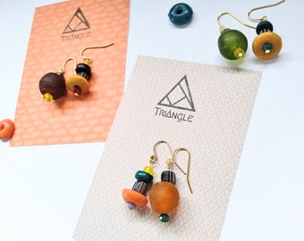 Colors of harvest! African Recycled Glass beads/Exotic beads/Asymmetric Earrings/green yellow orange brown