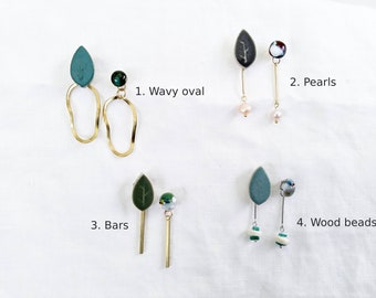 Leaf/Glass Cabochon + Charms Asymmetric Dangling Earrings/ Wavy Oval/ Pearls/ Bars/ Wood + Lapis Lazuli