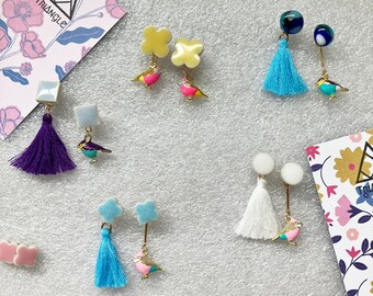 Spring/Summer Bird & Flower Asymmetry Dangling Earrings/ Purple Blue Yellow White/ Bird Charms Flower Tiles Round Tiles Tassels