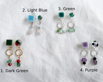 Tile and Glass Cabochon Asymmetric Dangling Earrings| Green /Blue /Purple | Ring Charms/ Natural Stones/ Lava Stones