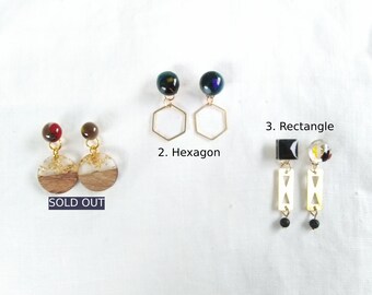 Dark Shade Glass Cabochons & Charms Asymmetry Dangling Earrings/ Wood Hexagon Rectangle/Triangle Charms
