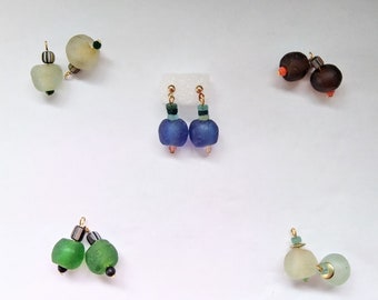 Recycled African Glass Beads Dangling Asymmetry Hook Earrings/Clear Blue Maroon Green Gold / Adjustable Non-hole Clips