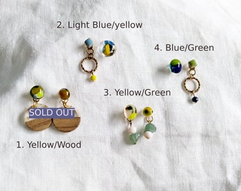 Yellow/Blue/Green Glass Cabochons / Small Tiles / Wood / Ring Charms / Natural Stones Asymmetrical Dangling Earrings