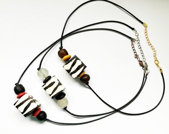 Cow Bone Beads/Recycled African Glass Beads/Choker Necklaces/Mustard Red Black/Adjustable hooks