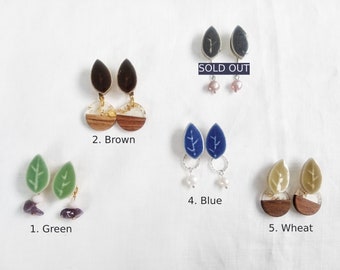 Leaf Themed Dangling Earrings | Leaf Tiles/ Glass Beads/ Natural Stones/ Freshwater Pearls/ Wood Charms/ Ring/ Green/ Blue/ Charcoal/ Brown|
