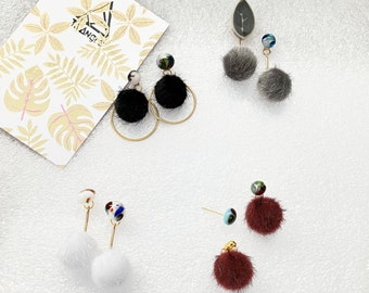 Pompom Dangling Earring Semi-Asymmetry Glass Cabochons Leaf Tile White/Snow Charcoal Black Maroon Non-Hole Clips