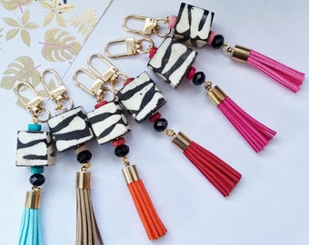 African Beads & Colorful Tassels Unique Strap Keychain with Cow bone beads Zebra Patterns/ Red Pink Turquoise Beige Orange