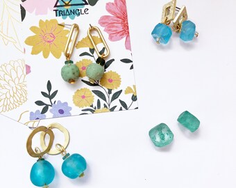 Blue Green African recycled glass beads dangling beads/ Circle Oval Square